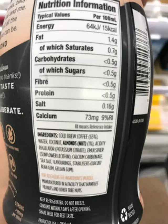 Unsweetened cold brew coffee with almond (dairy free) ingredients label