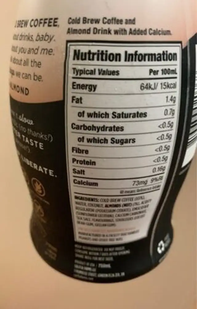 Unsweetened cold brew coffee with almond (dairy free) nutrition facts table
