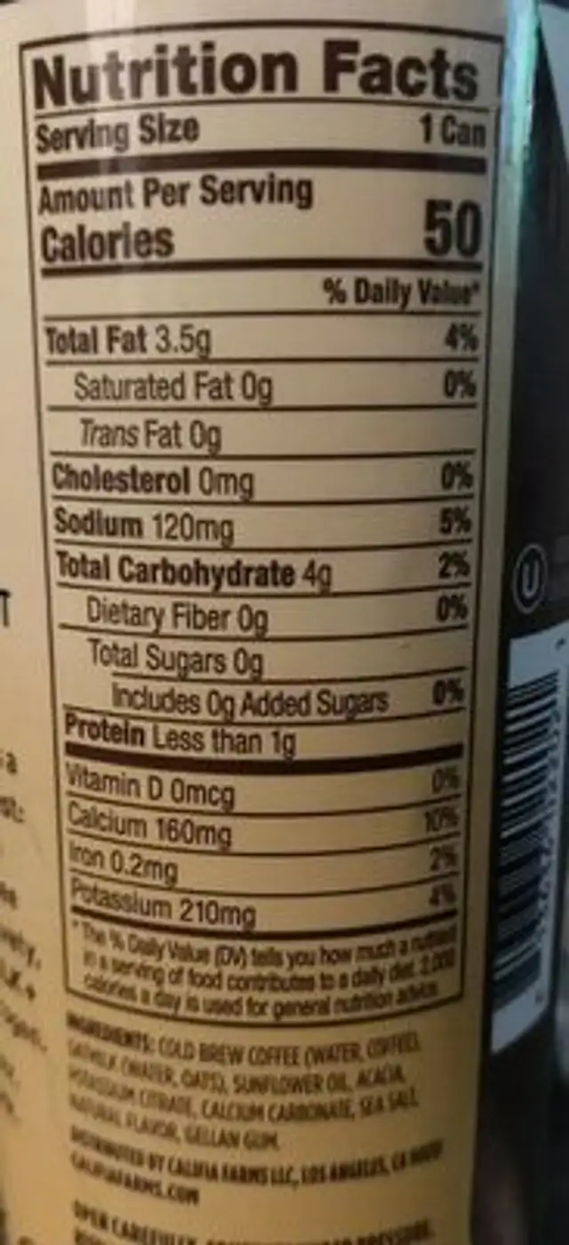 Unsweetened black & white nitro latte with oatmilk nutrition facts table