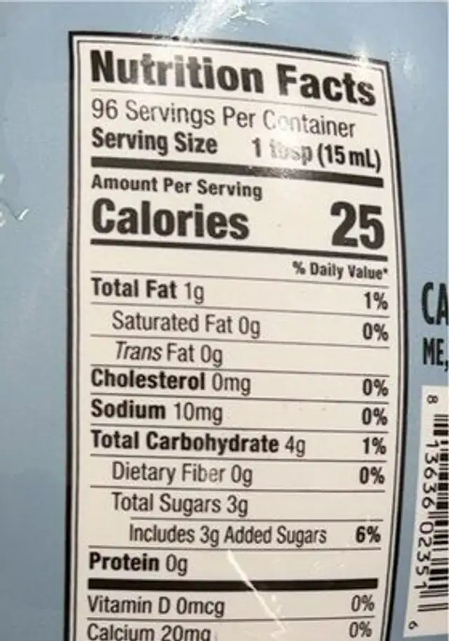 Califia creamer nutrition facts table