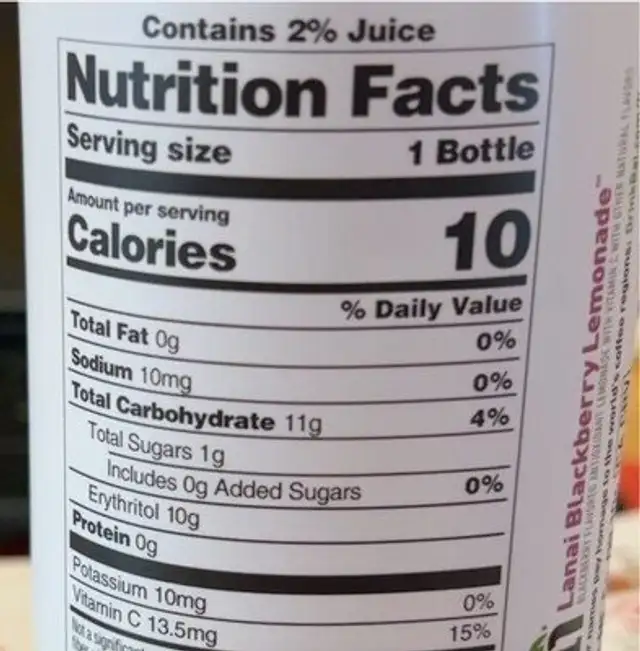 Lemonade nutrition facts table