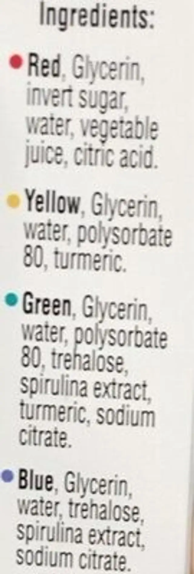 Assorted food coloring nutrition facts table