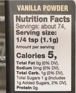 Vanilla Powder nutrition facts table