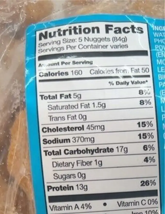 Lake liner chicken nuggets nutrition facts table