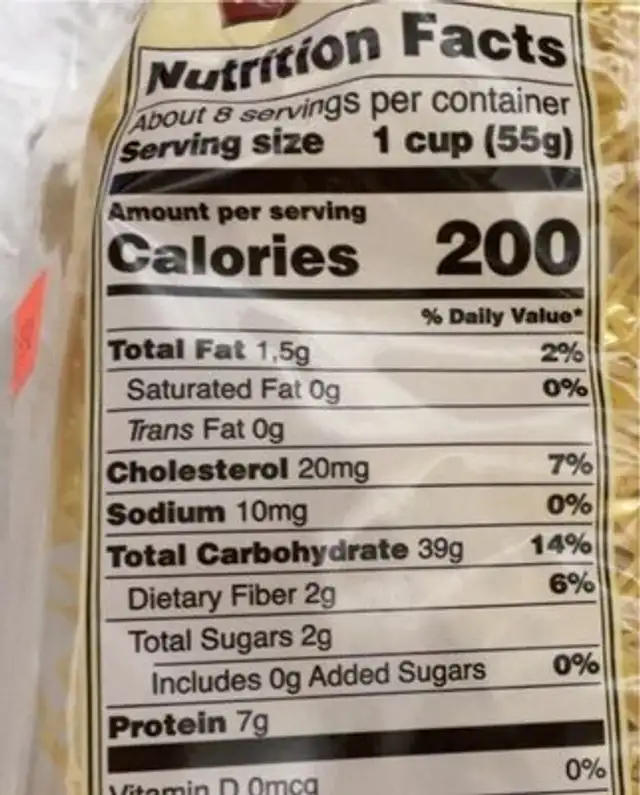 Noodles nutrition facts table