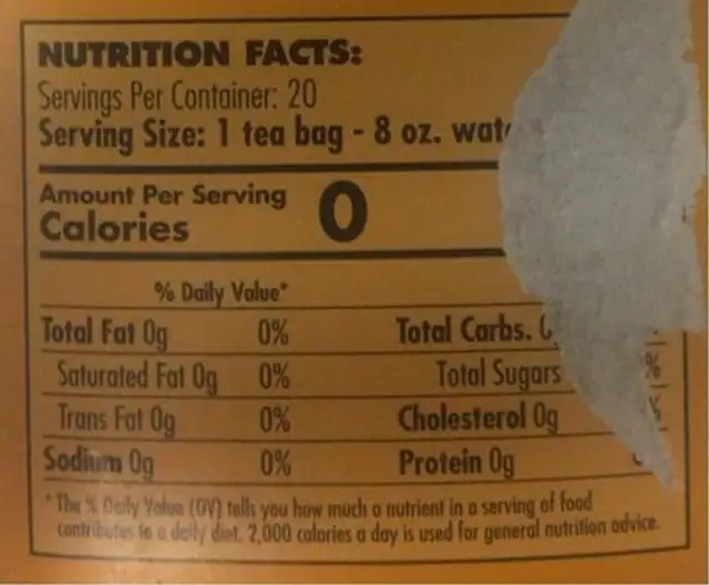 Hawaiian natural tea nutrition facts table