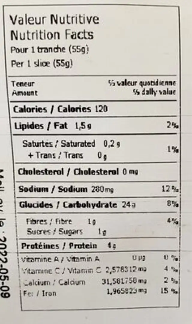 Boule de pain farinée nutrition facts table