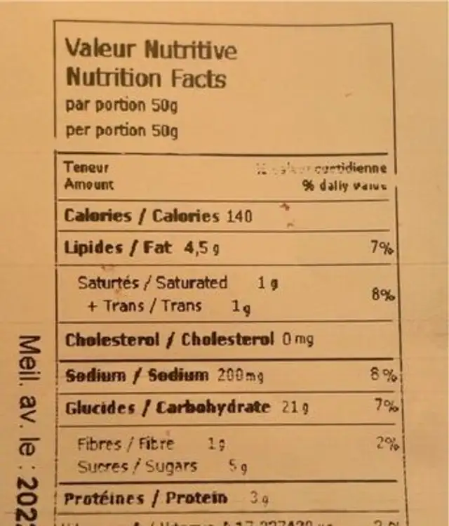Normandise nutrition facts table