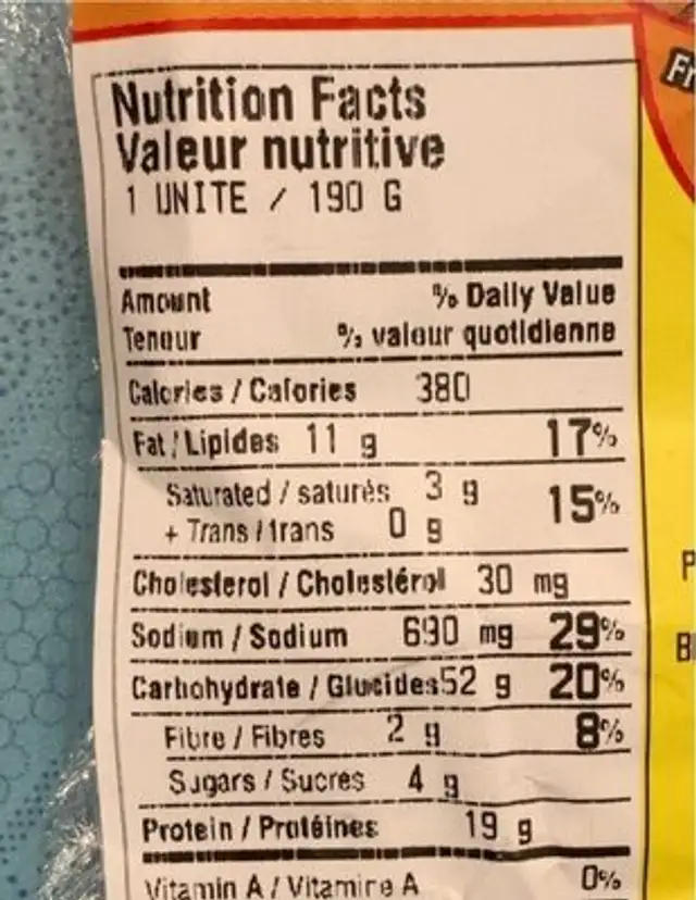 Donair nutrition facts table