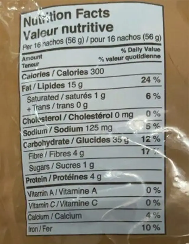Nachos nutrition facts table