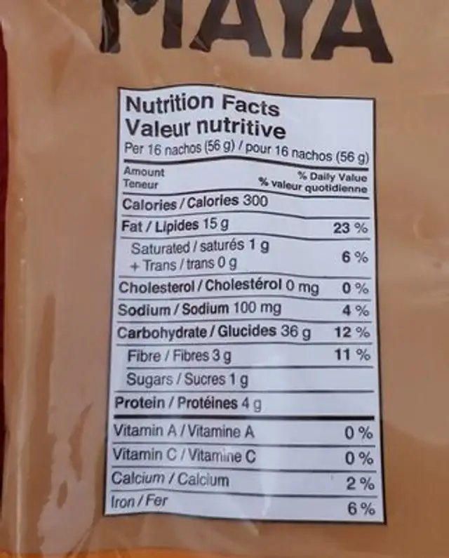 nachos nutrition facts table
