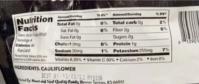 Heart and soul cauliflower florets nutrition facts table