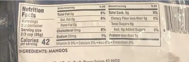 Frozen Mango nutrition facts table