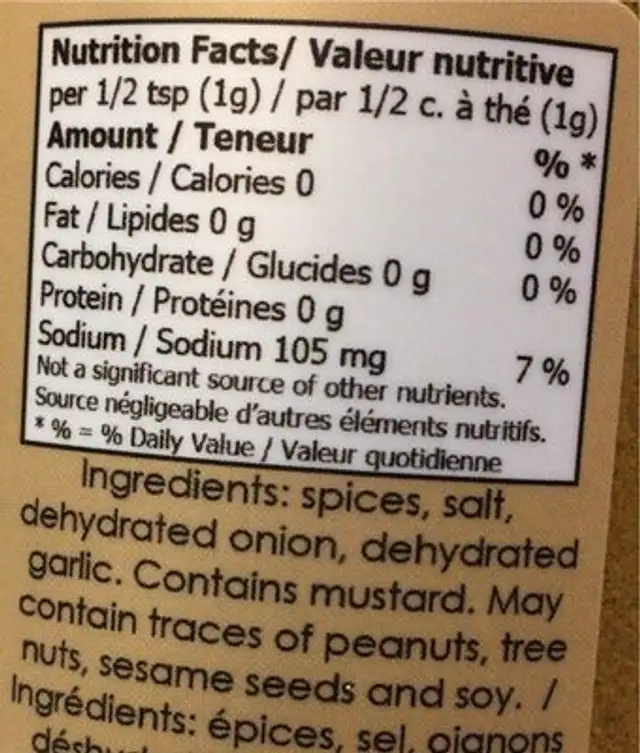 Tadka Masala nutrition facts table