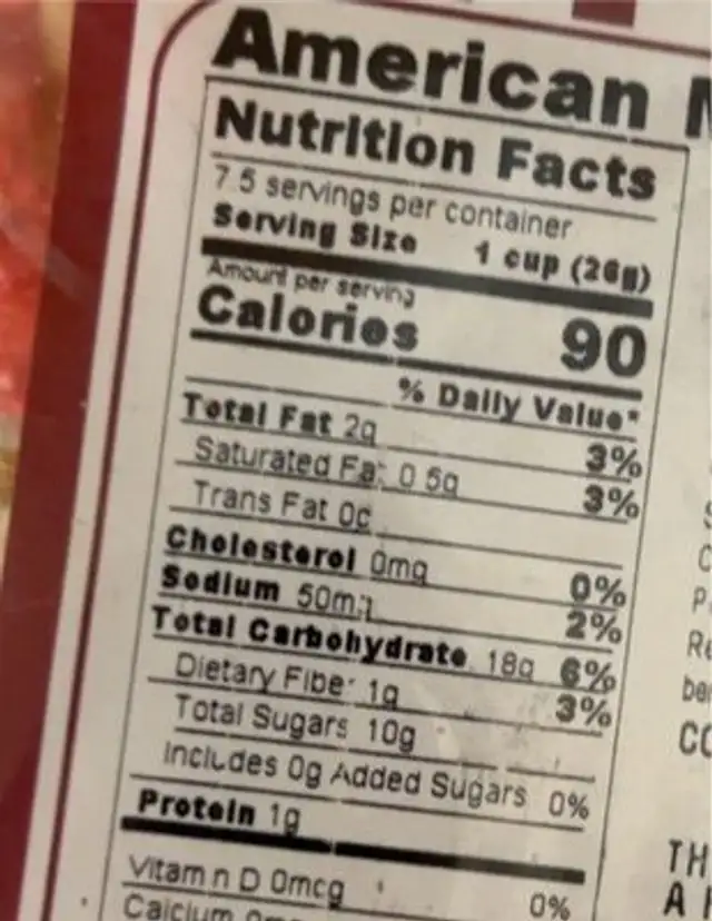 American Medly Popcorn nutrition facts table