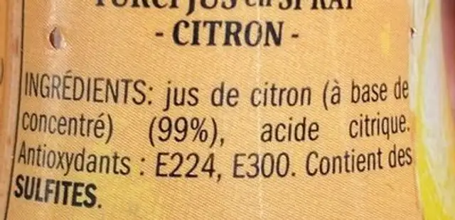 Juice Spray Lemon nutrition facts table