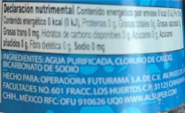Agua purificada nutrition facts table
