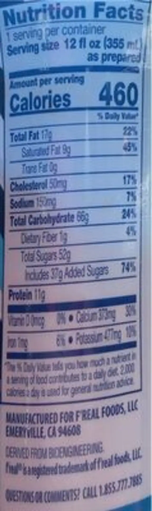 F’real Oreo Milkshake nutrition facts table