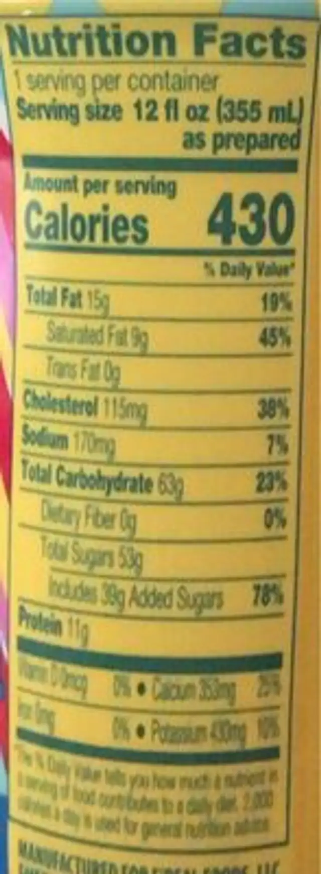 Cake batter milkshake nutrition facts table