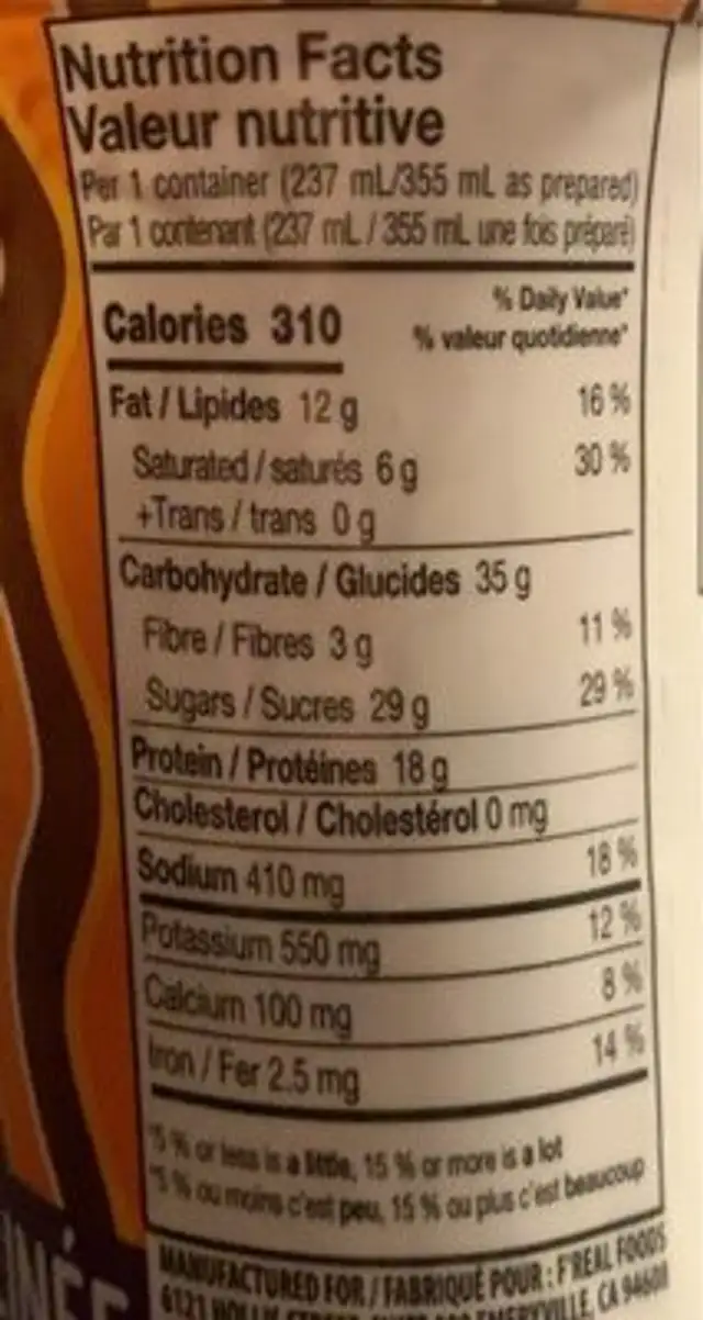 Boisson proteinée Beurre d’arachide au chocolat nutrition facts table