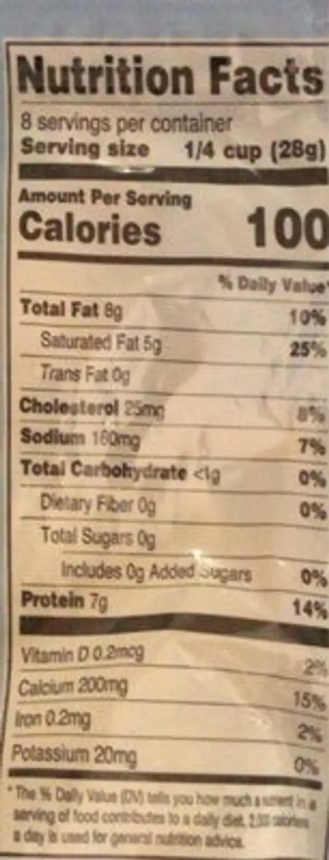 Monterrey Jack Cheese nutrition facts table
