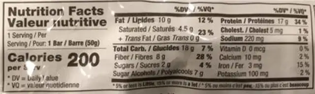 Triple Choco Crisp Protein Bar nutrition facts table