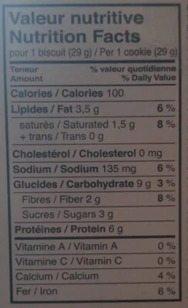 Irresistible Winner Chocolate Chip Cookie nutrition facts table