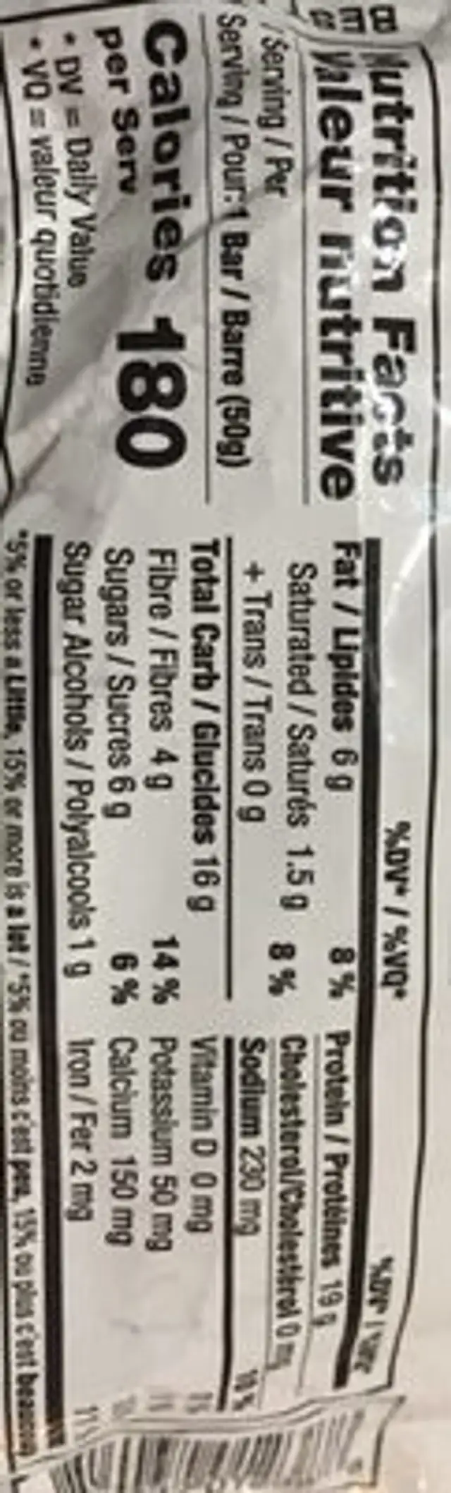 Barre Protéinée nutrition facts table