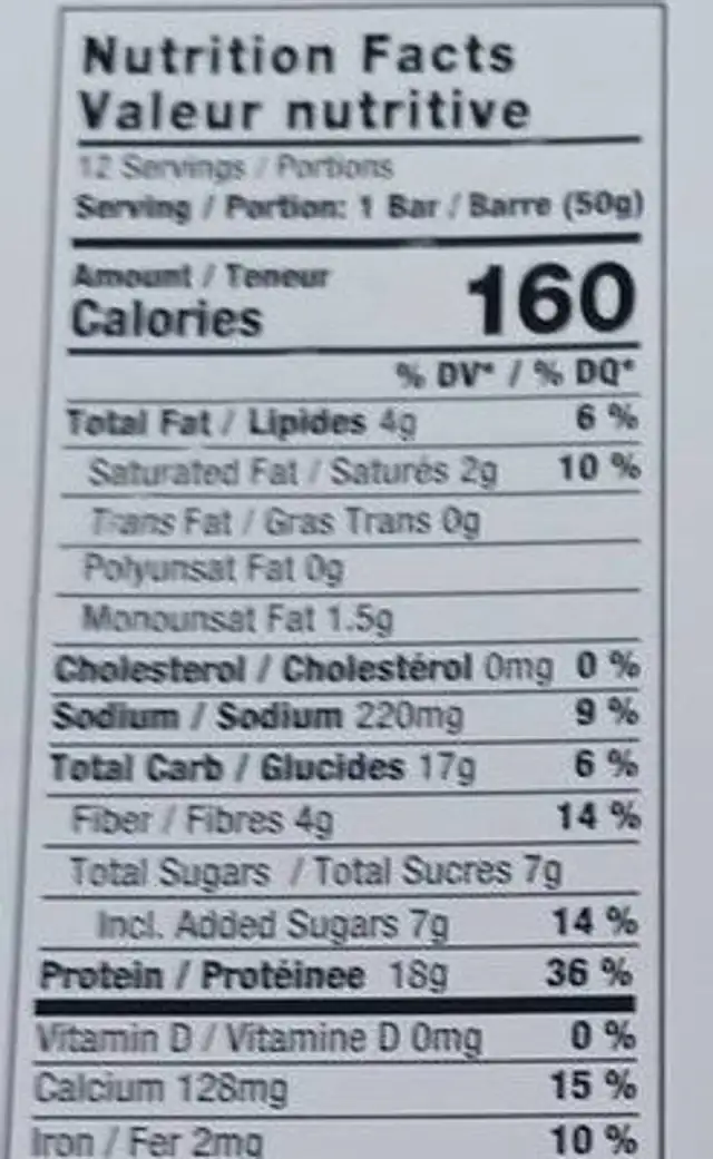 Barre protéinée nutrition facts table