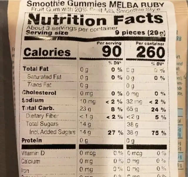 Smoothie Gummies nutrition facts table