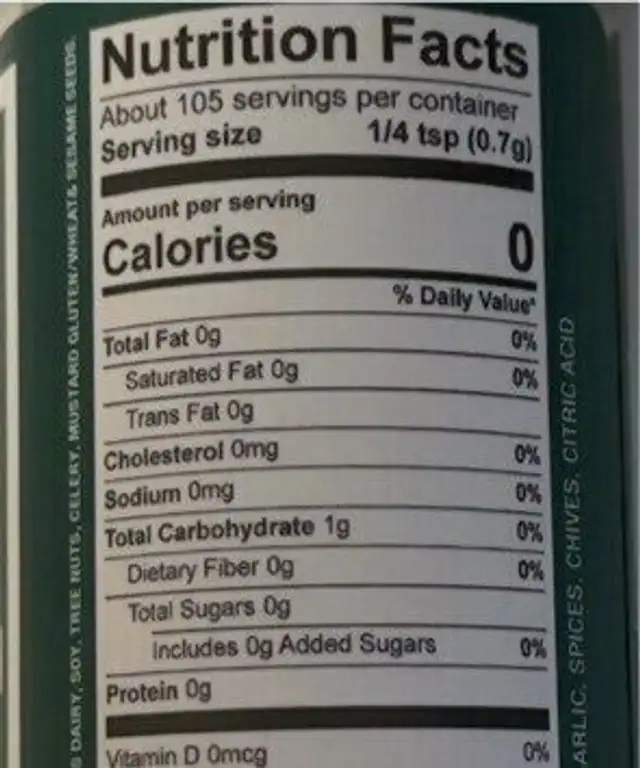Really Ranch nutrition facts table