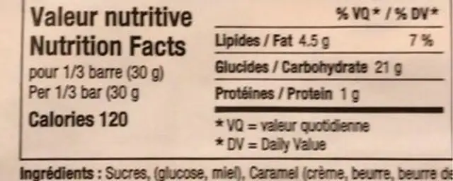 Nougat nutrition facts table