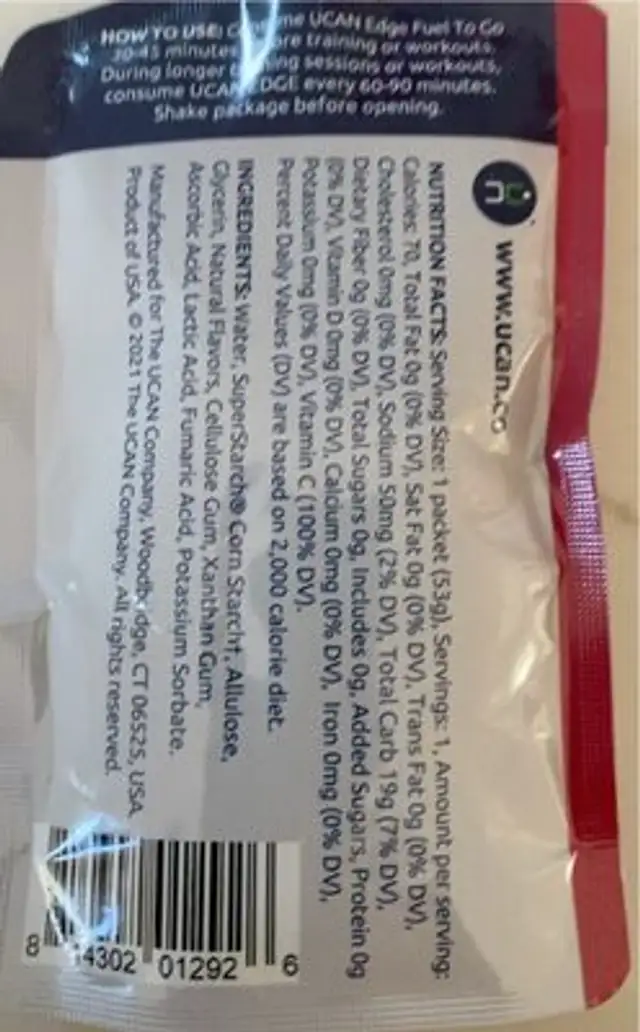 Edge fuel to go nutrition facts table