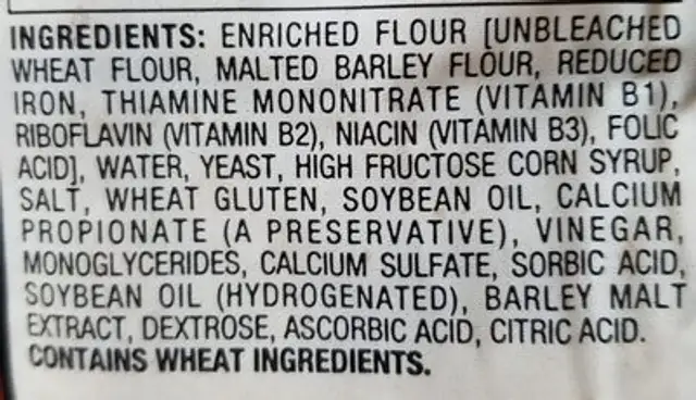 Aunt Millie's White Bread ingredients label