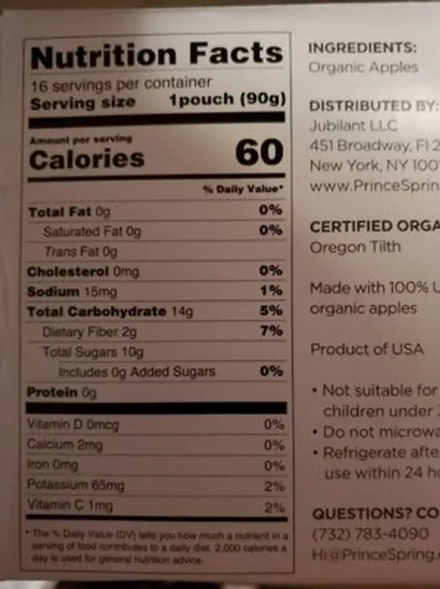Applesauce nutrition facts table