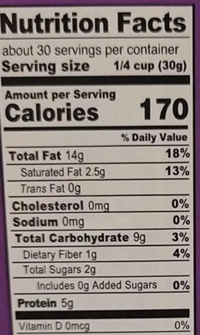 Whole Fancy Cashews nutrition facts table