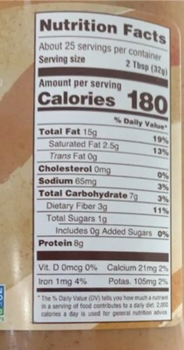 Organic Peanut Butter nutrition facts table