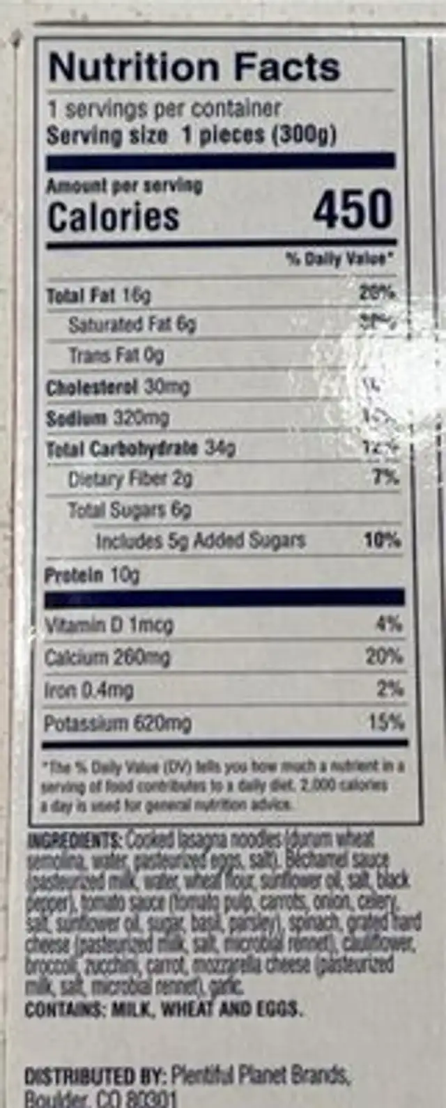 Roasted Vegetable Lasagna nutrition facts table