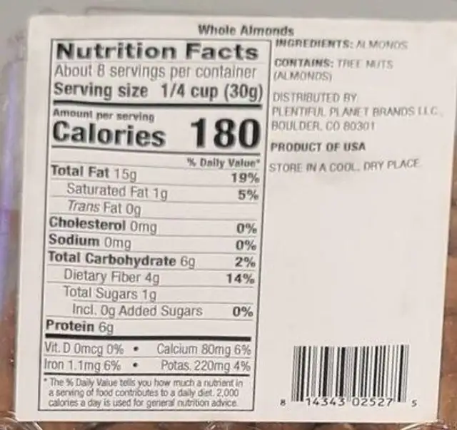 Whole Almonds nutrition facts table
