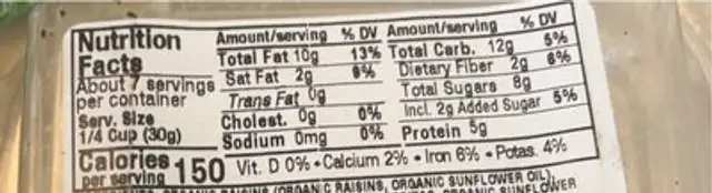 Mountain trail mix nutrition facts table