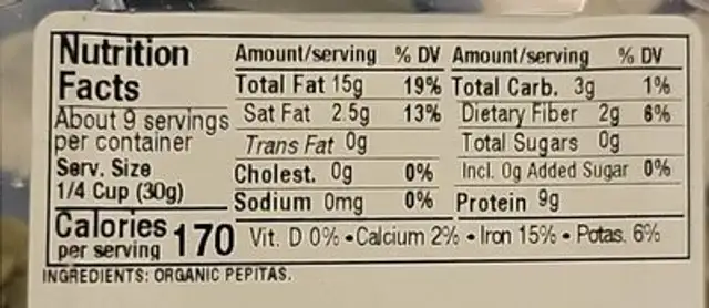 Organic Pumpkin Seeds nutrition facts table