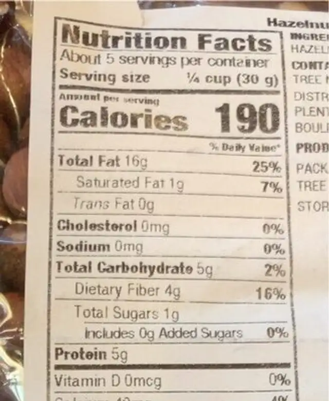 Hazelnuts nutrition facts table