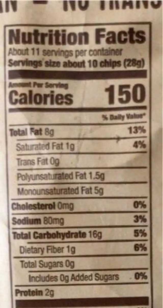 Sea Salt Whole Grain Torrilla Chips nutrition facts table