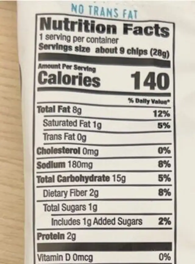 Avocado Ranch Whole Grain Tortilla Chip nutrition facts table
