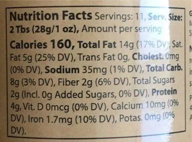 Manna Organics Manna Butter Coconut Cashew No Added Sugar nutrition facts table