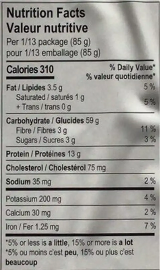 Fetticcine biologique nutrition facts table