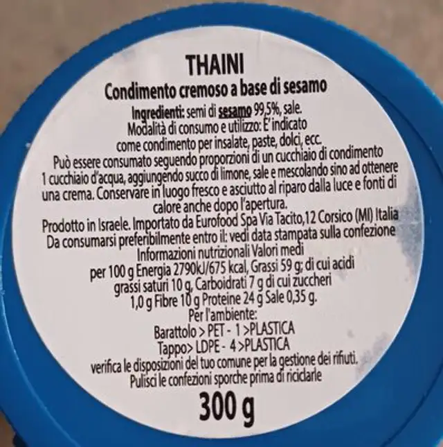 Tahini ingredients label