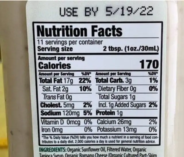 Organic garlic Caesar nutrition facts table