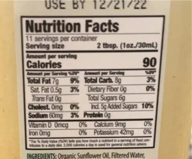 Pear Vinaigrette nutrition facts table