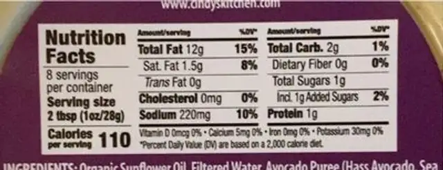 Dip extra whipped vegan avocado ranch nutrition facts table